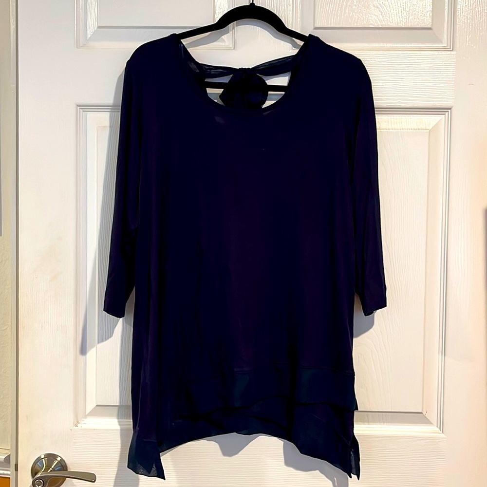 Pebble and Stone blue 3/4 sleeve blouse with ribbon back tie, size M